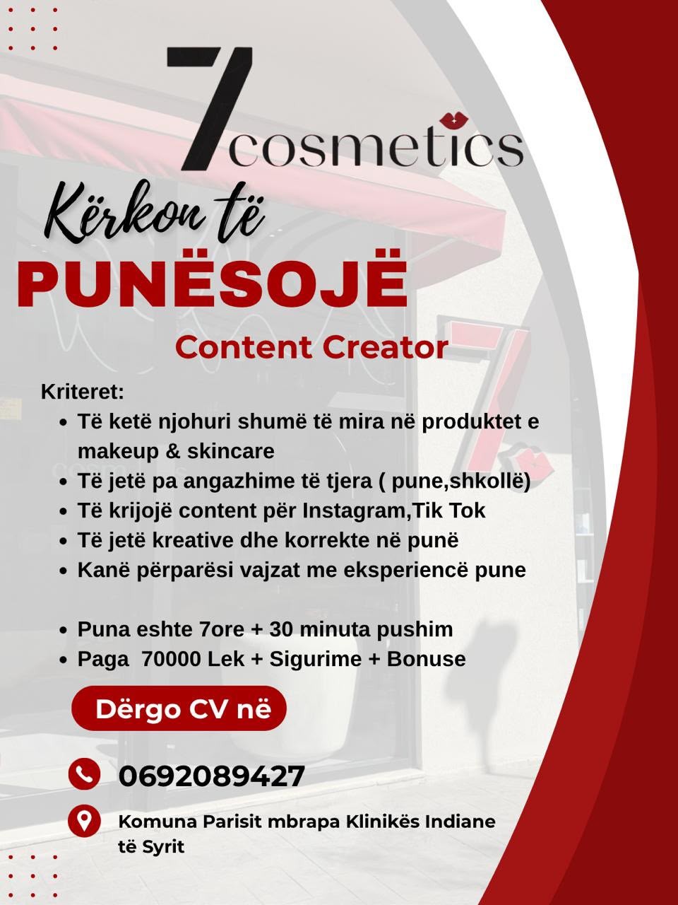 Njoftim pune për pozicionin Content Creator në 7 Cosmetics